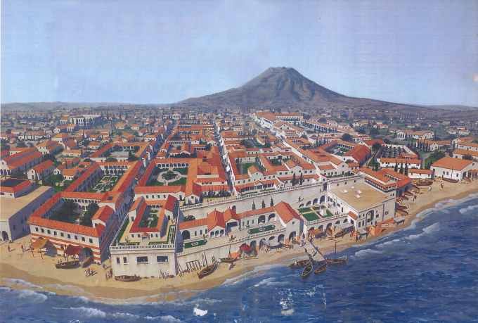 A reconstruction of the city of Herculaneum prior to the eruption of Vesuvius in 79 AD ~ illustration from the book "The Secrets of Vesuvius" by Sara C. Bisel