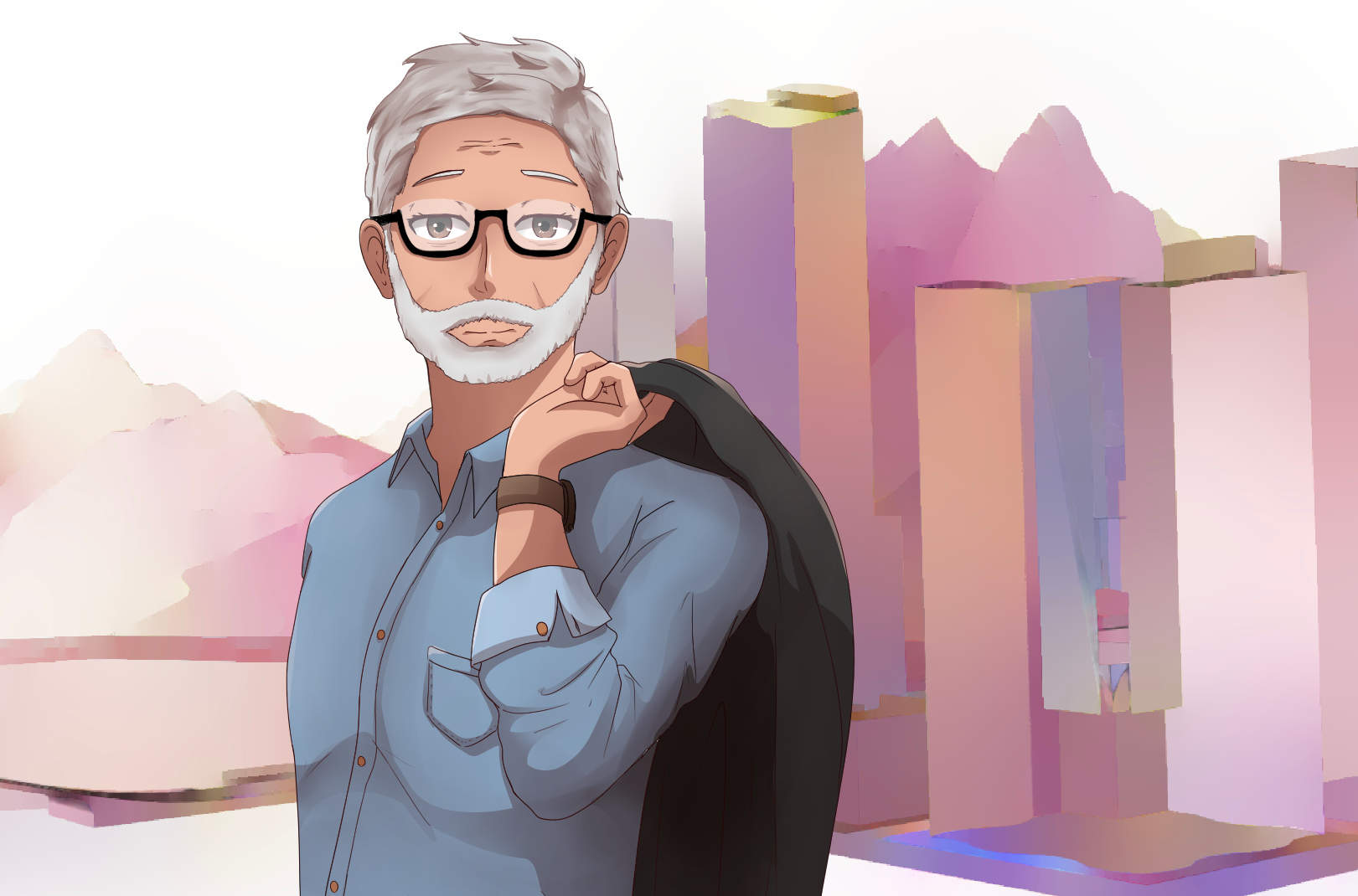 Manga style old man standing defiantly in front of a cityscape